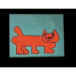 Handpainted Orange Cat Acrylic Painting On Canvas Wall Art Signed 8x10"